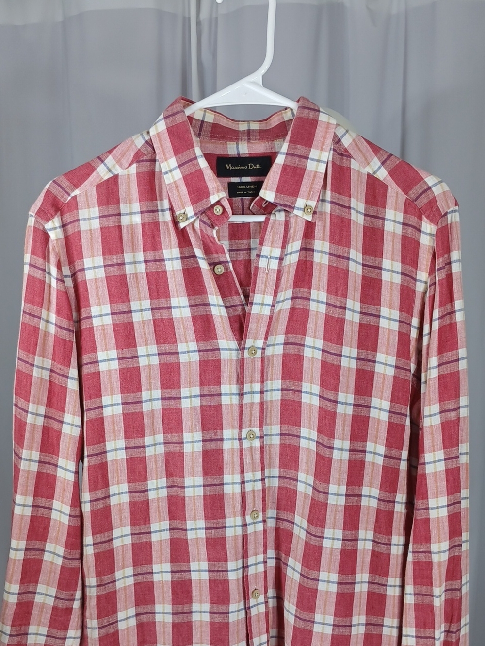 Massimo Dutti Red,  blue, yellow and White Plaid Button-Down linen mens Shirt